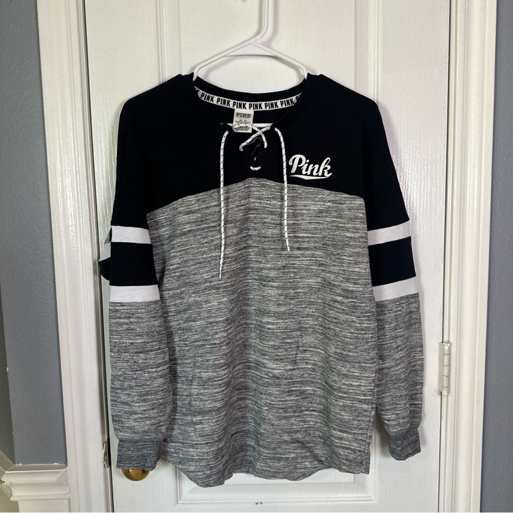 Victoria's Secret PINK Black and Gray Sweatshirt oversized XS - Picture 8 of 13